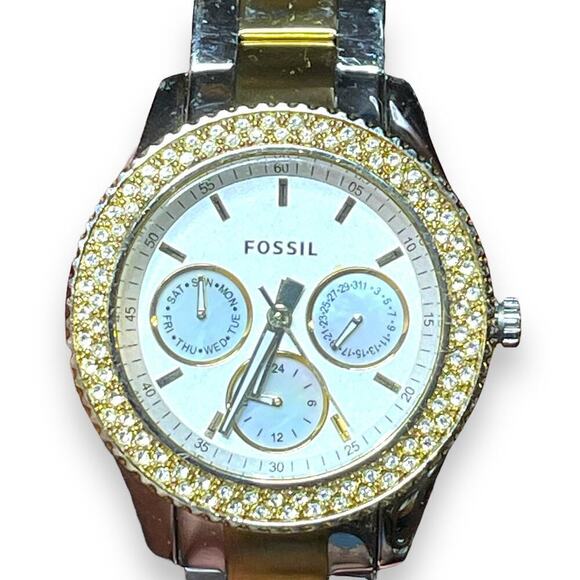 Fossil Stella Watch Womens Two Tone Rhinestone Bezel Mother of Pearl Dials WORKS - Picture 3 of 9